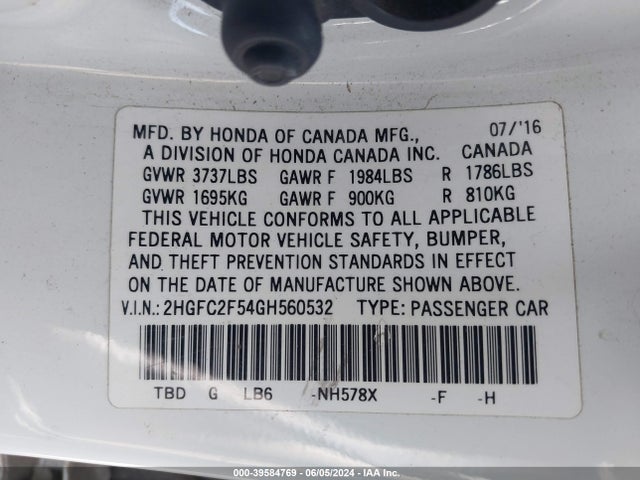 Honda Civic Lx 2016 2HGFC2F54GH560532 Image 9