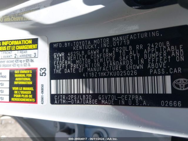 4T1BZ1HK7KU025026 Toyota Camry Xse V6