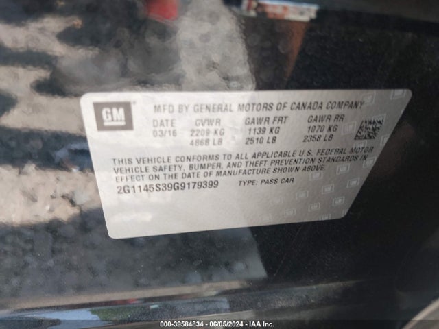 Chevrolet IMPALA 2LZ 2016 2G1145S39G9179399 Image 9