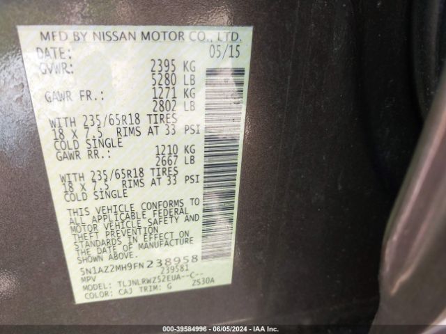 5N1AZ2MH9FN238958 Nissan MURANO SL