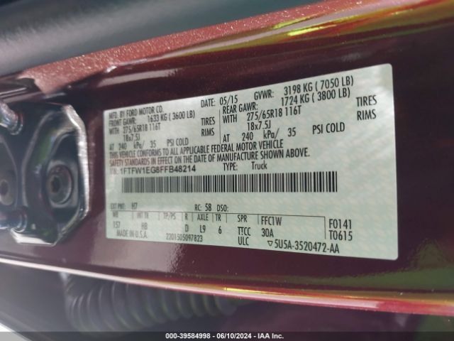 1FTFW1EG8FFB48214 Ford F-150 Lariat