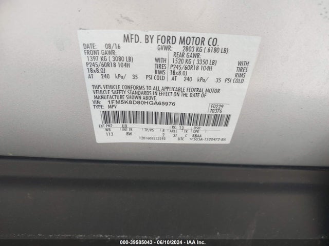 Ford EXPLORER XLT 2017 1FM5K8D80HGA65976 Image 9