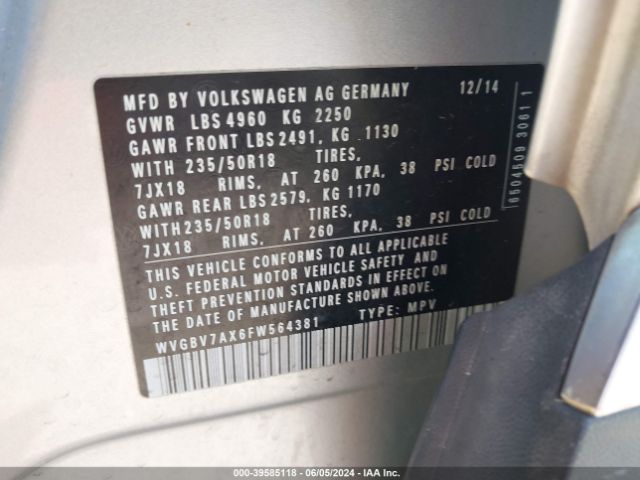 WVGBV7AX6FW564381 Volkswagen TIGUAN SE