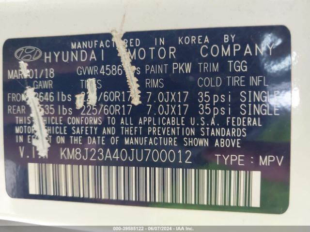 KM8J23A40JU700012 Hyundai TUCSON SE