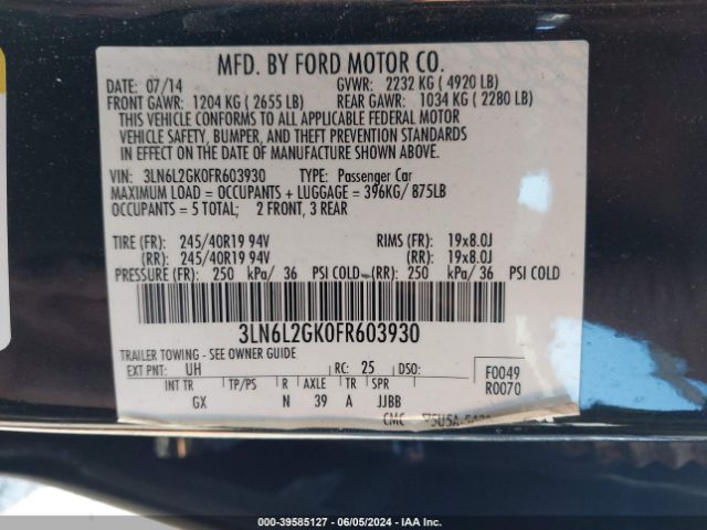 3LN6L2GK0FR603930 Lincoln MKZ