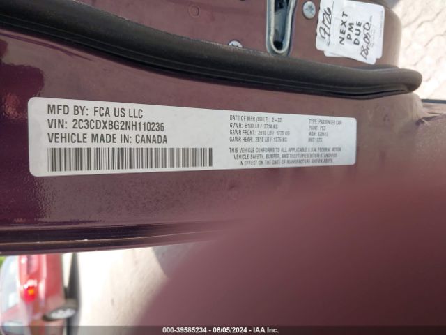 2C3CDXBG2NH110236 Dodge Charger Sxt Rwd