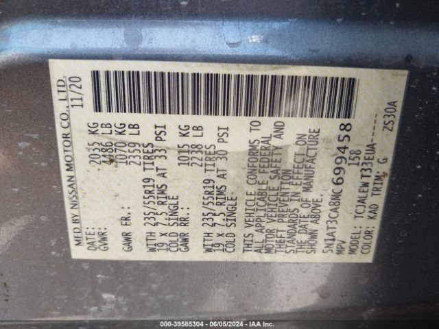 5N1AT3CA8MC699458 Nissan Rogue Sl Fwd