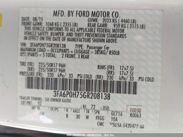 Ford FUSION SE 2016 3FA6P0H75GR208138 Image 9