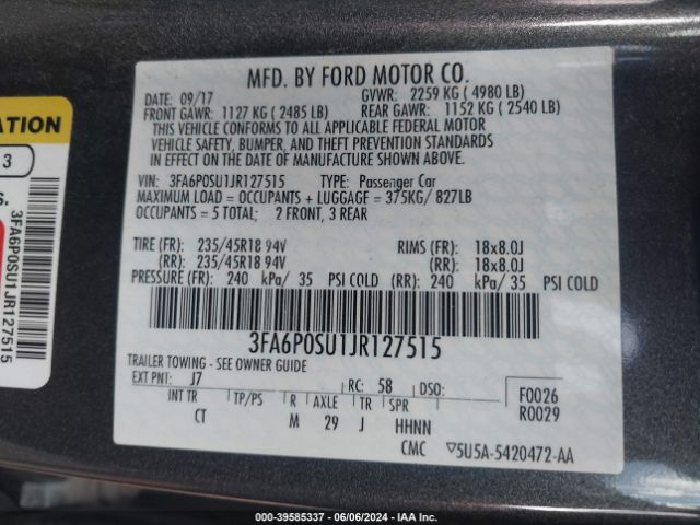 3FA6P0SU1JR127515 Ford Fusion Energi Titanium