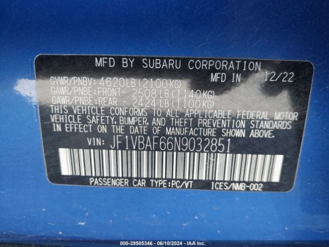 JF1VBAF66N9032851 Subaru Wrx Premium