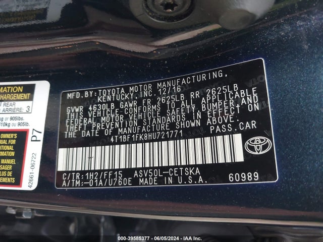 Toyota CAMRY SE 2017 4T1BF1FK8HU721771 Image 9