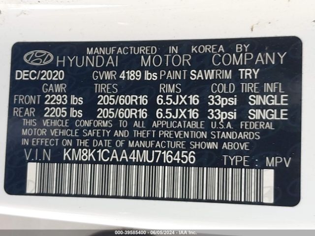 KM8K1CAA4MU716456 Hyundai Kona Se