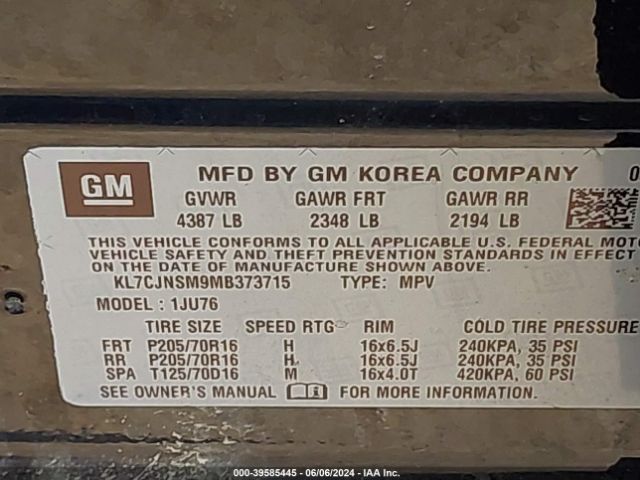 KL7CJNSM9MB373715 Chevrolet Trax Awd Ls