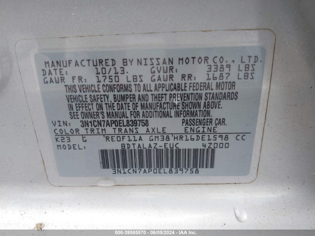 Nissan Versa 1.6 S+ 2014 3N1CN7AP0EL839758 Image 9
