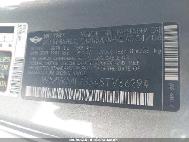 2008 MINI COOPER S WMWMF73548TV36294 Photo 8