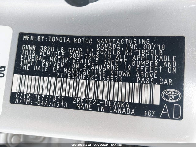 Toyota COROLLA LE 2019 2T1BURHE7KC159933 Image 9