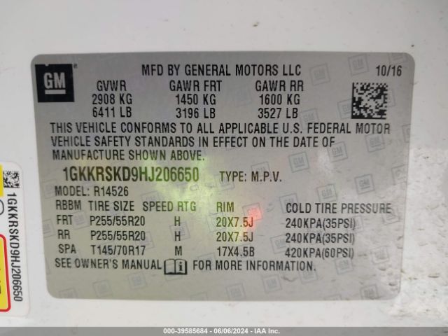 1GKKRSKD9HJ206650 GMC Acadia Limited