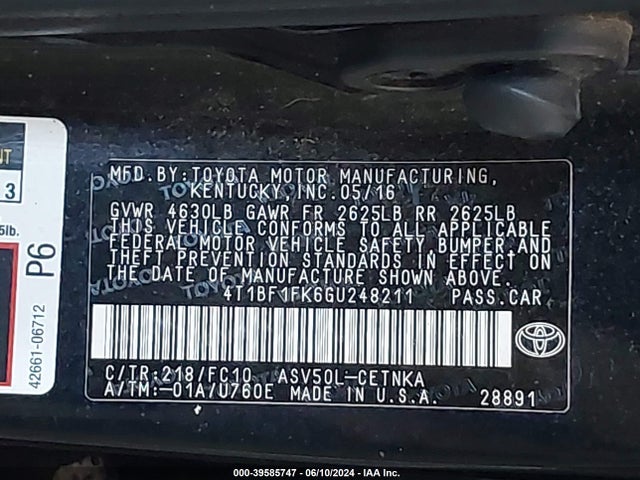 Toyota CAMRY LE 2016 4T1BF1FK6GU248211 Image 9