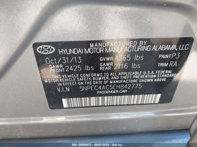 Hyundai Sonata Limited 2014 5NPEC4AC5EH842775 Image 9