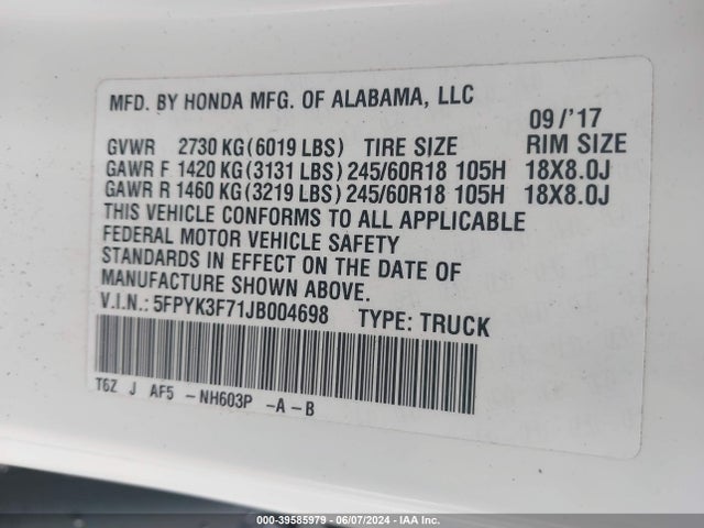Honda Ridgeline Rtl-e 2018 5FPYK3F71JB004698 Image 9