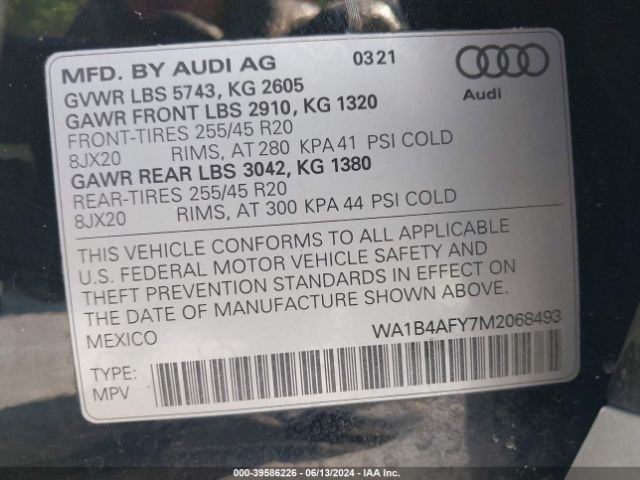 WA1B4AFY7M2068493 Audi Sq5 Premium Plus Tfsi Quattro Tiptronic