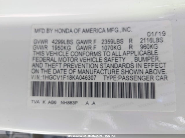 Honda ACCORD LX 2019 1HGCV1F18KA046307 Image 9