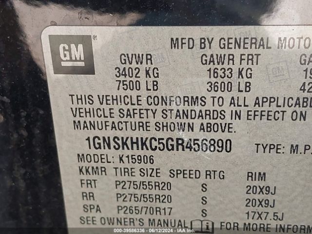 1GNSKHKC5GR456890 Chevrolet Suburban Lt