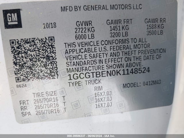 Chevrolet Colorado Wt 2019 1GCGTBEN0K1148524 Image 9