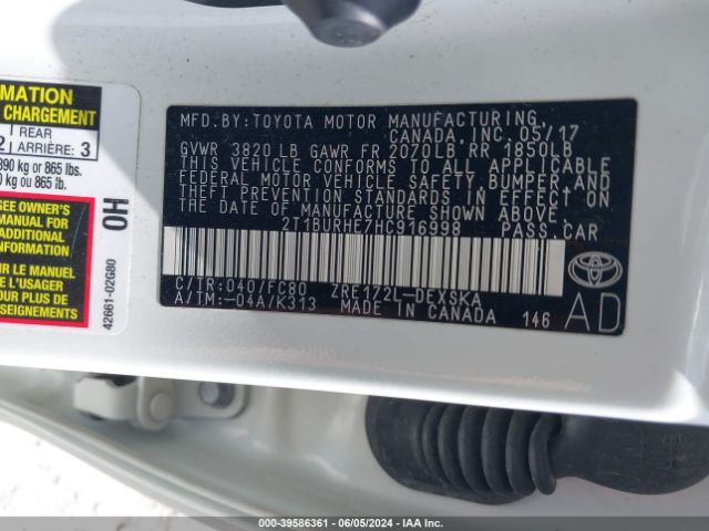 2T1BURHE7HC916998 Toyota COROLLA SE