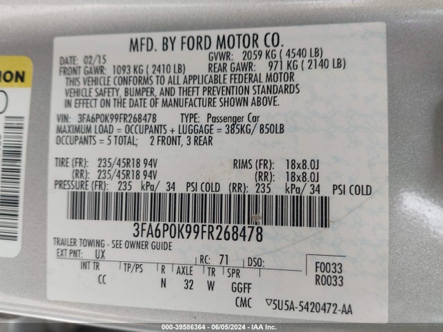 Ford Fusion Titanium 2015 3FA6P0K99FR268478 Image 9