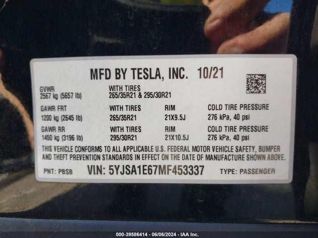 Tesla Model S Plaid Tri Motor All-wheel Drive 2021 5YJSA1E67MF453337 Image 9