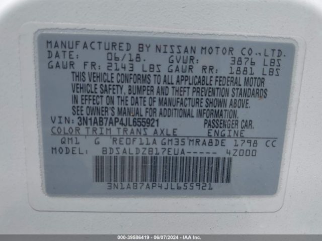 3N1AB7AP4JL655921 Nissan SENTRA SV