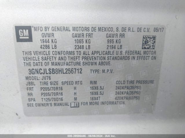 3GNCJLSB8HL256712 Chevrolet Trax Lt