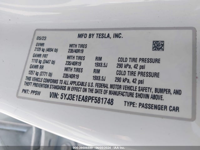 5YJ3E1EA8PF581748 Tesla Model 3 Rear-wheel Drive