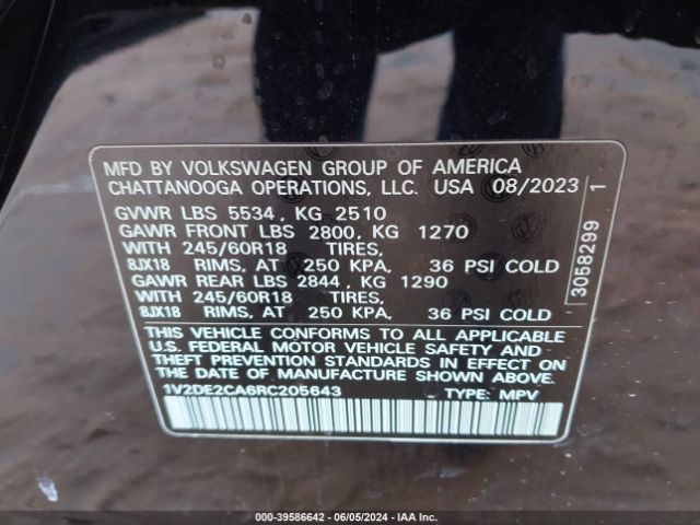 1V2DE2CA6RC205643 Volkswagen Atlas Cross Sport 2.0t Se