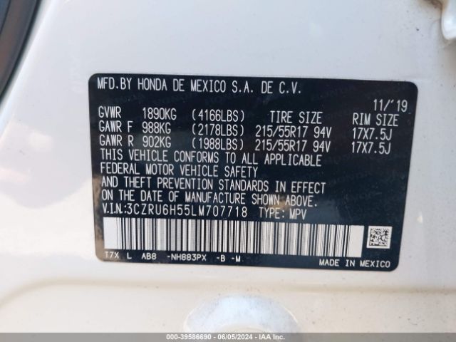 3CZRU6H55LM707718 Honda Hr-v Awd Ex