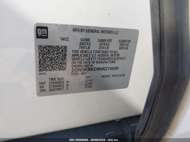 1GNSKRKD9NR274699 Chevrolet Tahoe 4wd Rst