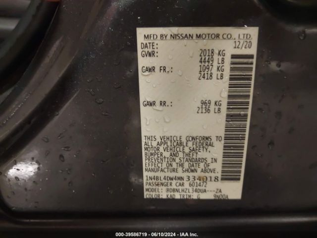 1N4BL4DW4MN334018 Nissan Altima Sv Intelligent Awd