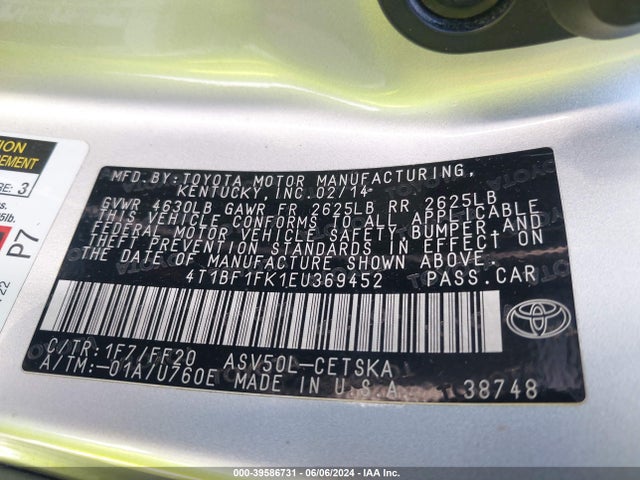 Toyota CAMRY SE 2014 4T1BF1FK1EU369452 Image 9