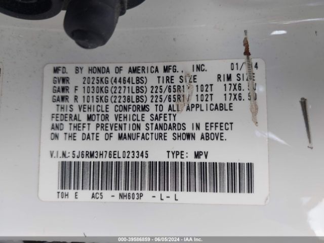 5J6RM3H76EL023345 Honda Cr-v Ex-l