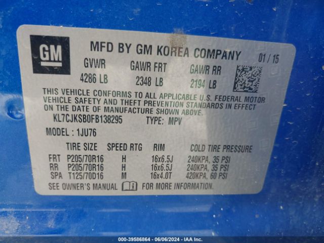 KL7CJKSB0FB138295 Chevrolet Trax 1ls