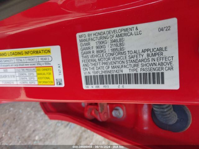 19XFL2H89NE014274 Honda Civic Sport