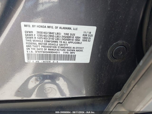 Honda Pilot Ex 2019 5FNYF6H34KB044011 Image 9