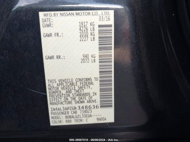 1N4AL3AP2GN348636 Nissan Altima 2.5/2.5 S/2.5 Sl/2.5 Sr/2.5 Sv