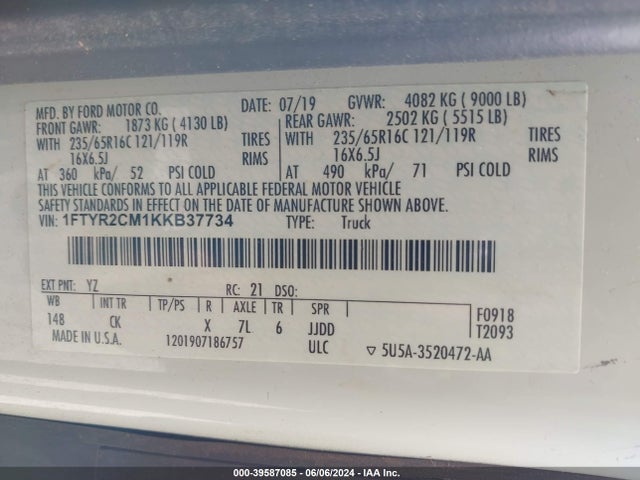 Ford Transit-250 2019 1FTYR2CM1KKB37734 Image 9