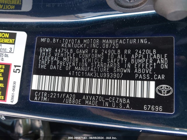 Toyota CAMRY LE 2020 4T1C11AK3LU993907 Image 9