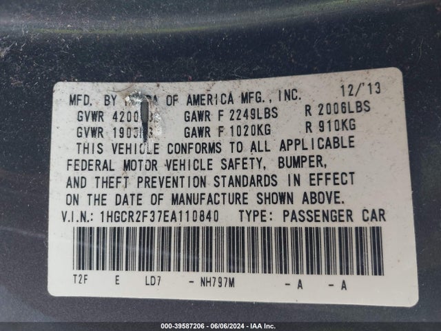 Honda ACCORD LX 2014 1HGCR2F37EA110840 Image 9