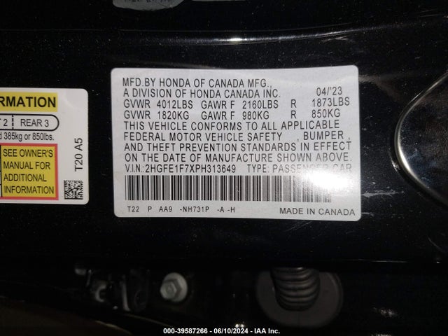 Honda Civic Ex /ex W/o Bsi 2023 2HGFE1F7XPH313649 Image 9