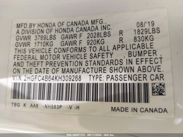 2HGFC4B64KH309268 Honda Civic Lx