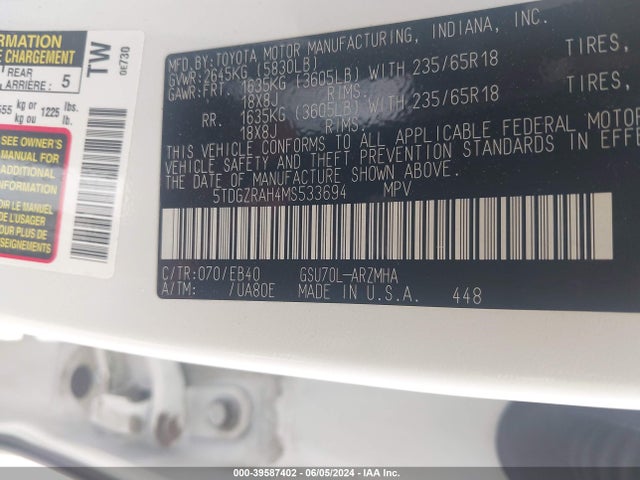 Toyota Highlander Xle 2021 5TDGZRAH4MS533694 Image 9